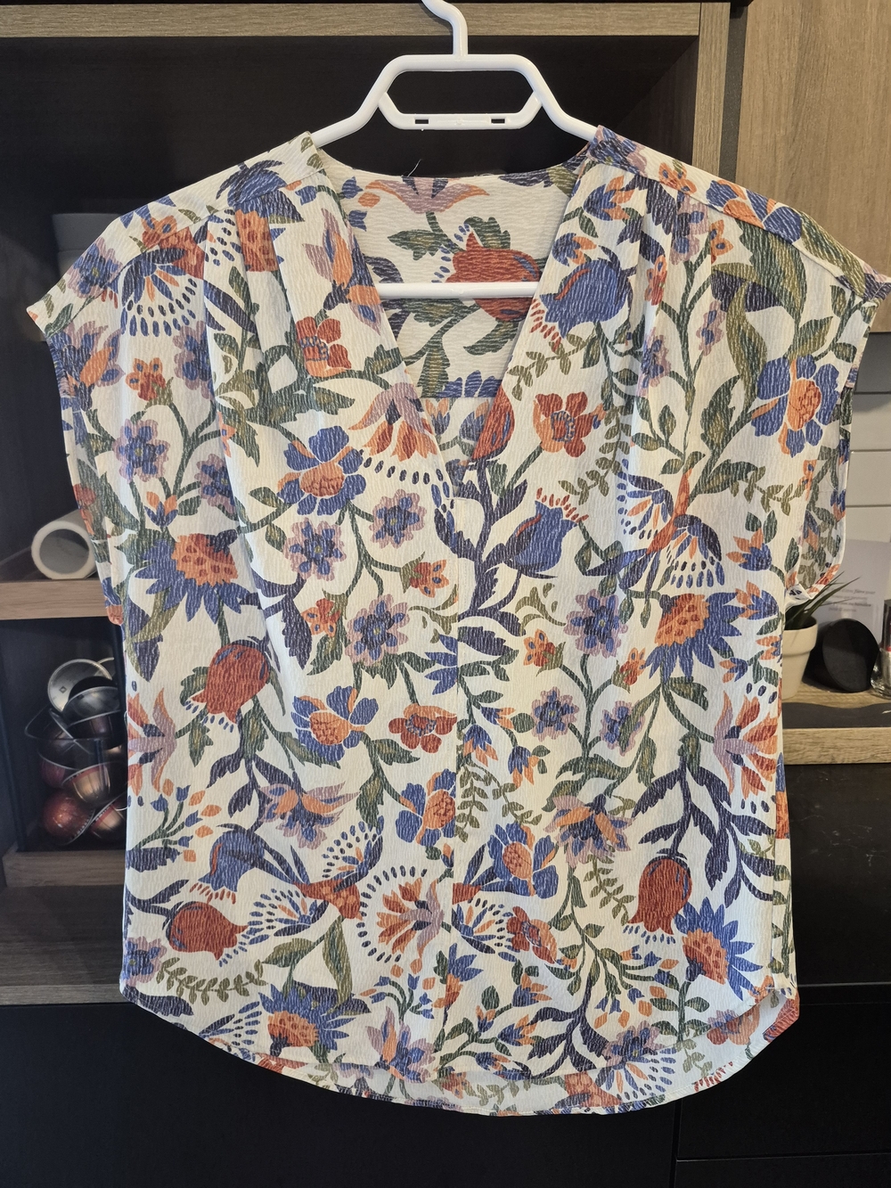 Floral V-Neck Cap Sleeve Top in Cream, Blue & Orange